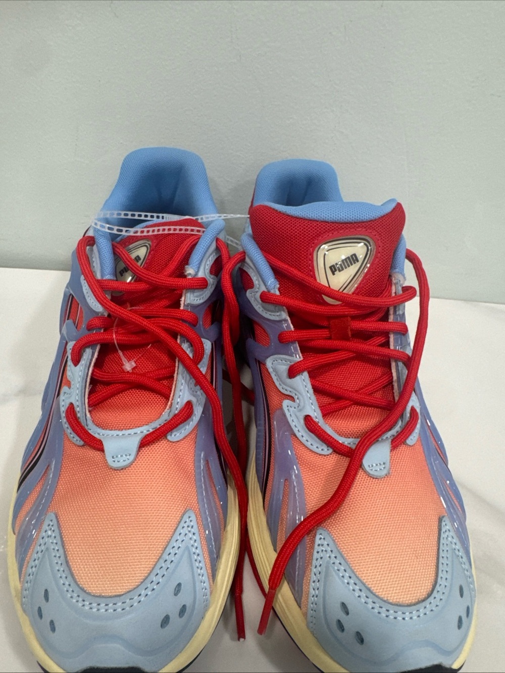 Puma Gradient Mesh & Light Blue Panel Sneakers with Red Accents